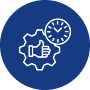 Thumbs up, clock, gear icon on blue.
